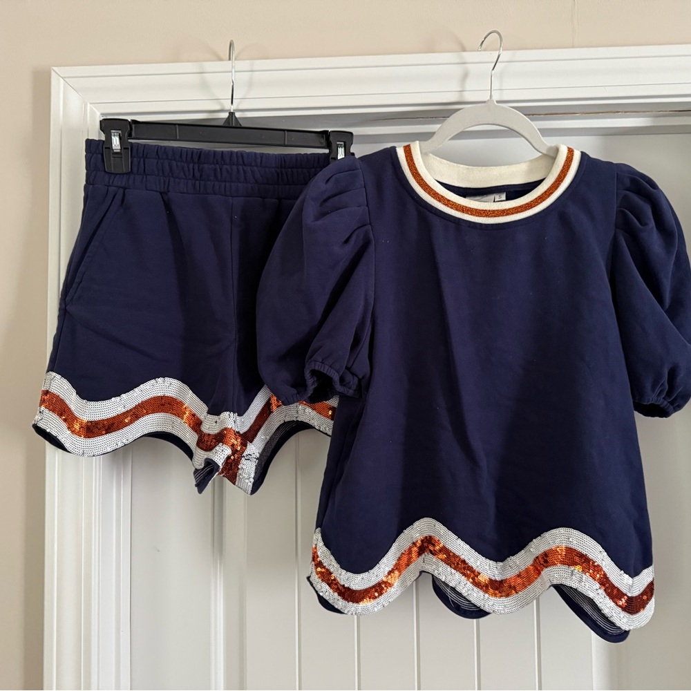 Queen of sparkles navy and orange wavy set
